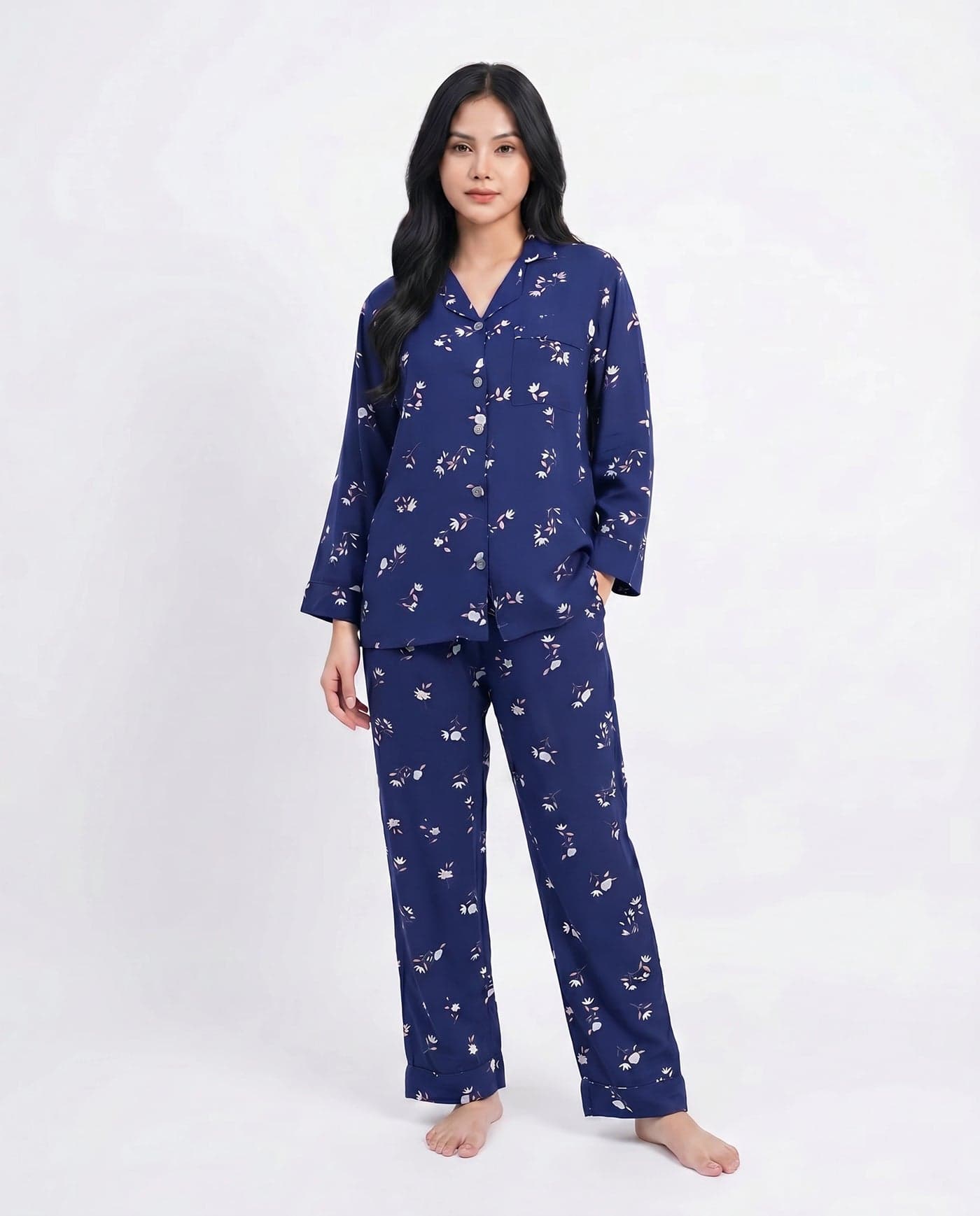 Royal Blue Floral Linen PJ Set for Women