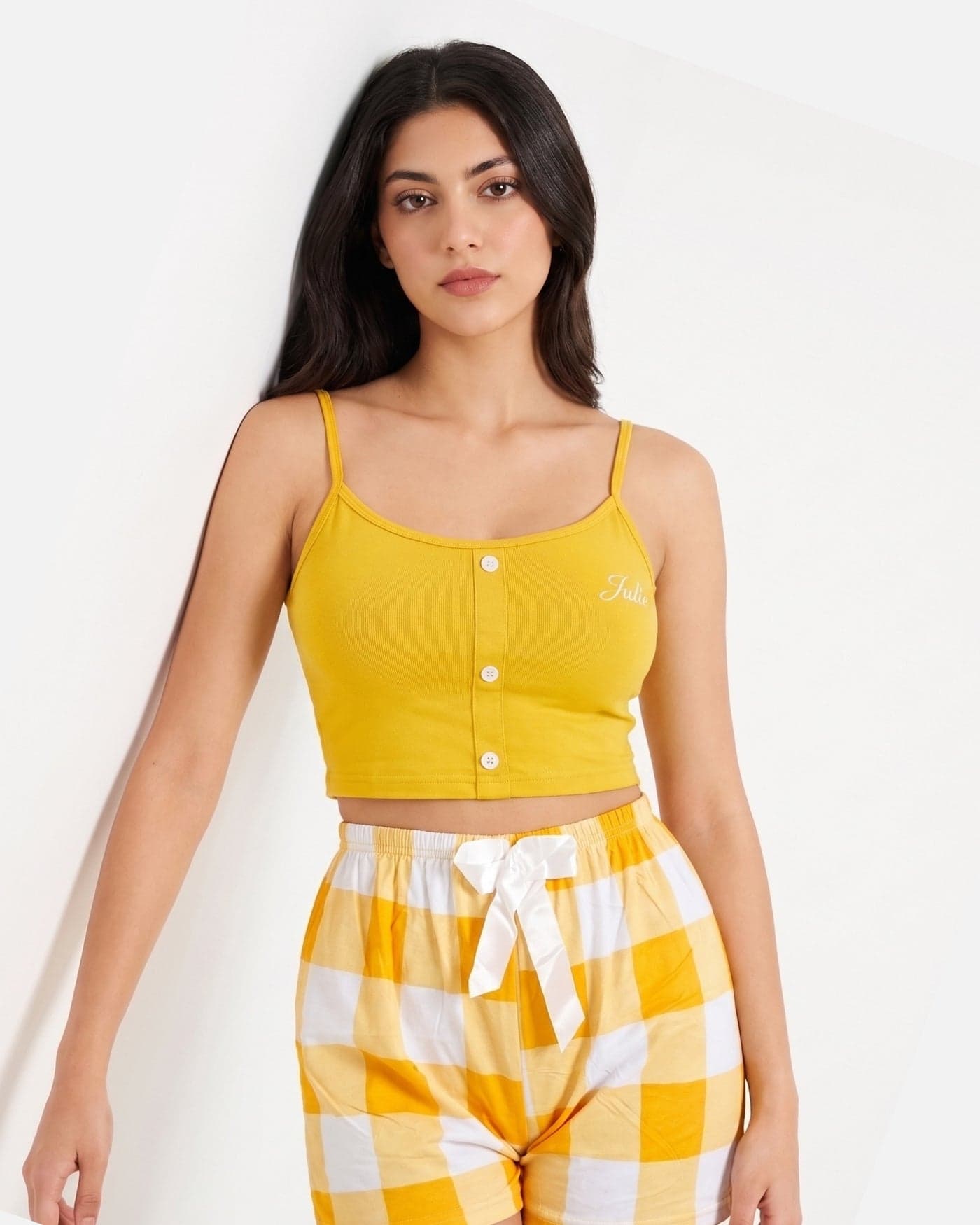 Yellow Check Button Front Cotton Cami Set for Women
