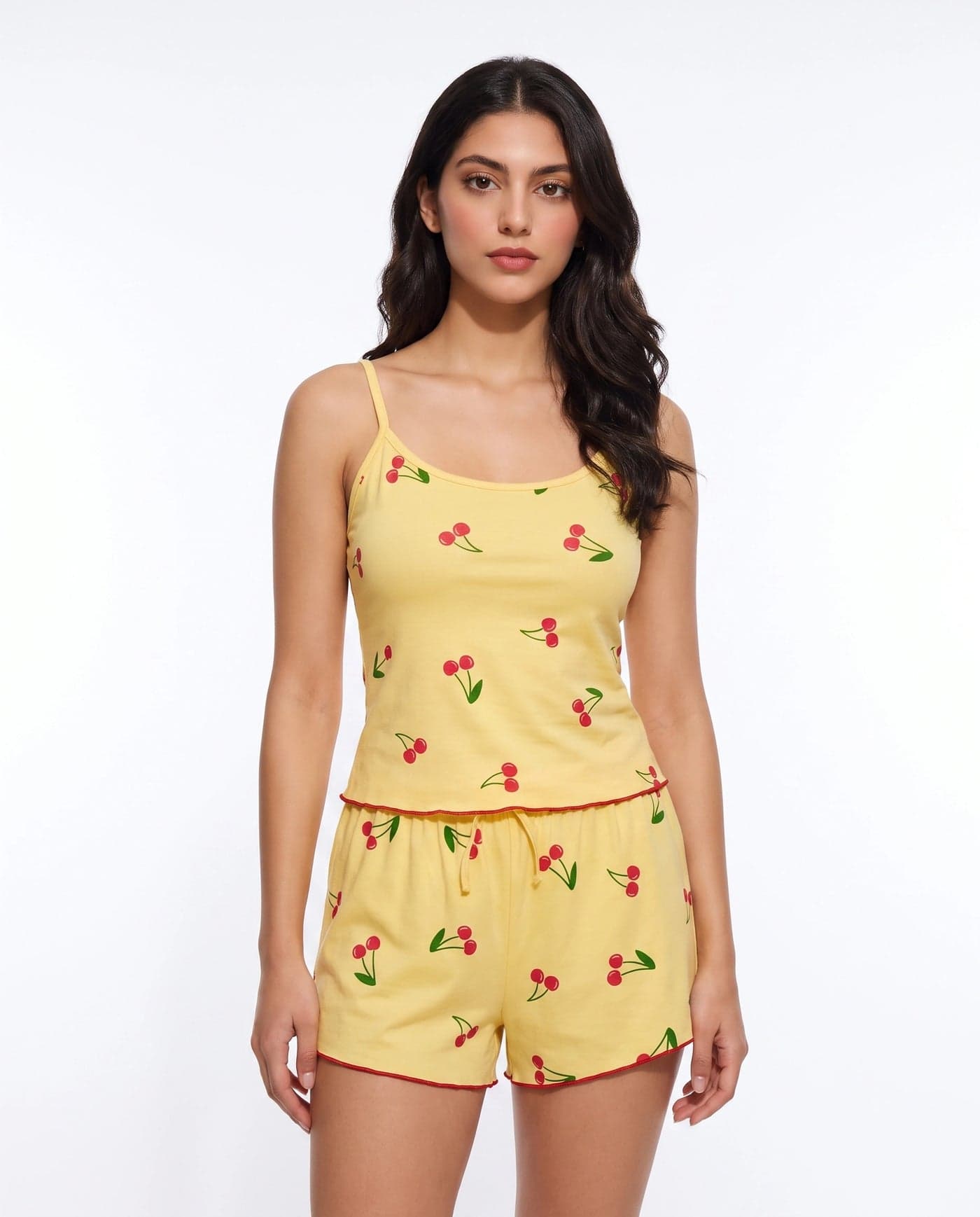 Yellow Cherry Print Cotton Cami Set for Women