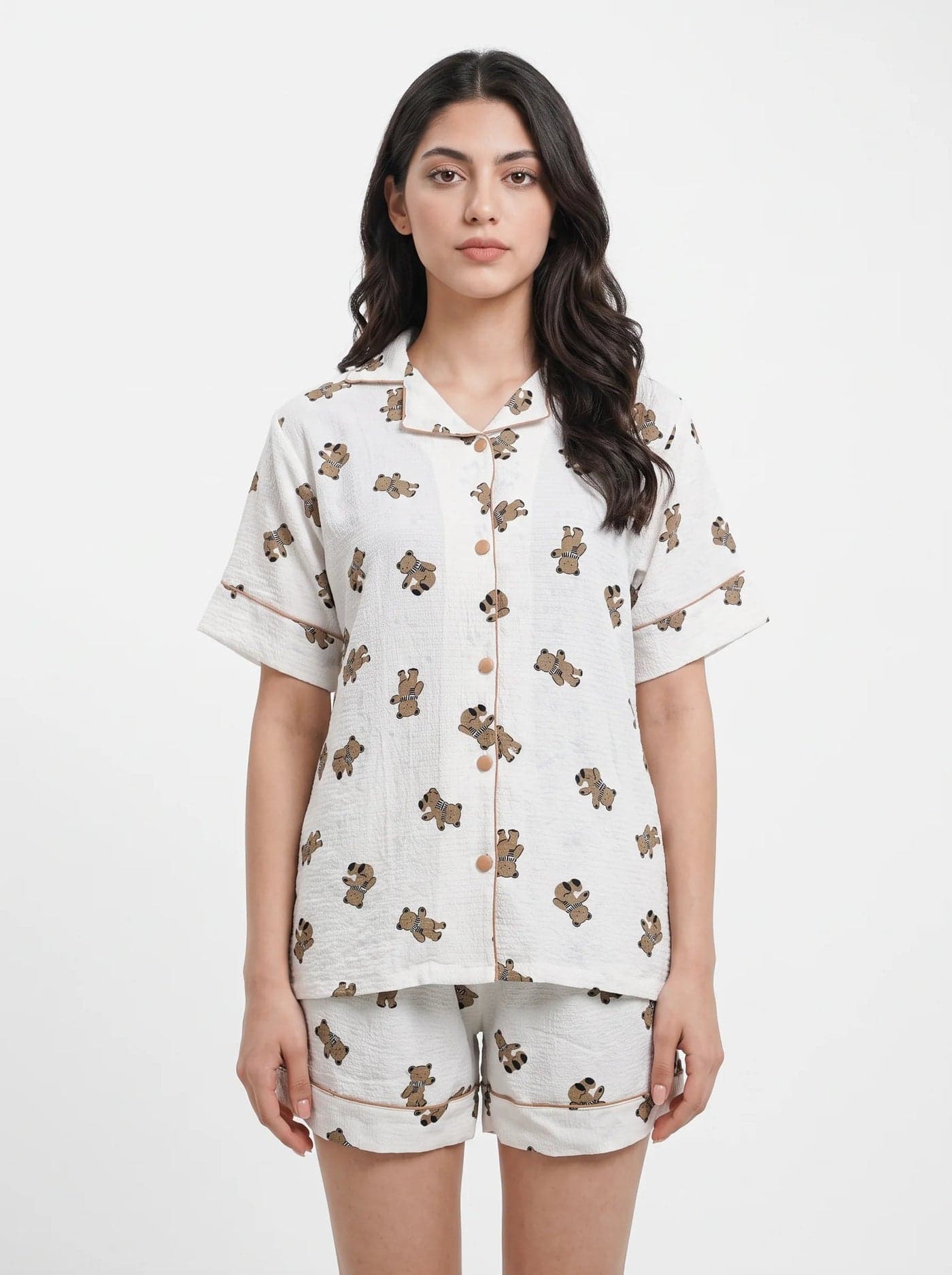 White Teddy Bear Print Crinkled Cotton Shorts PJ Set for Women