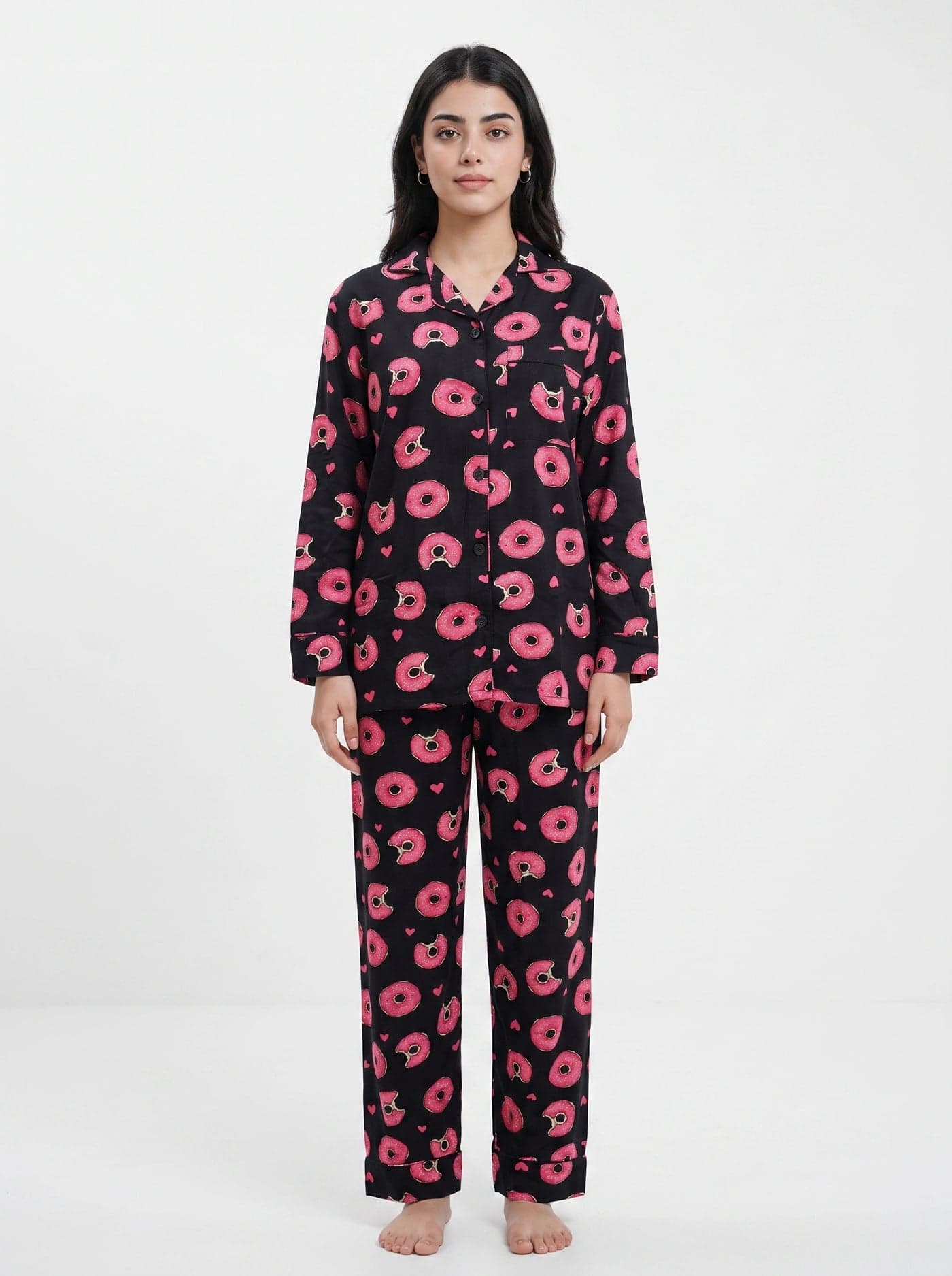 Black Donut Print Linen PJ Set for Women