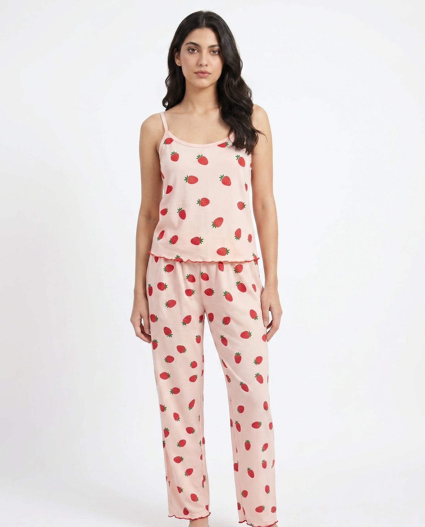 Peach Strawberry Print Cotton Cami and Pajama Set for Women
