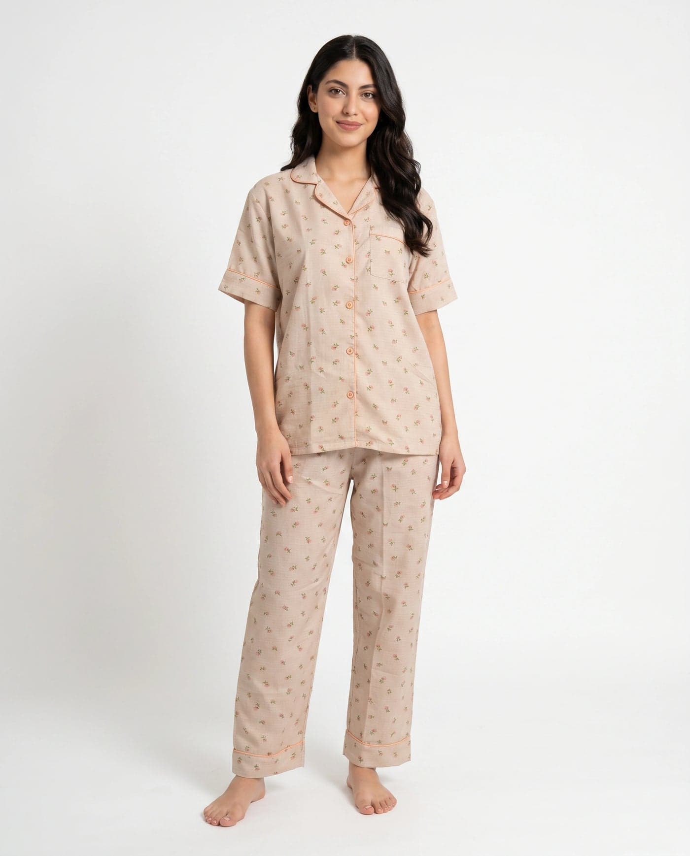 Beige and Brown Floral Crinkled Cotton PJ Set for Women