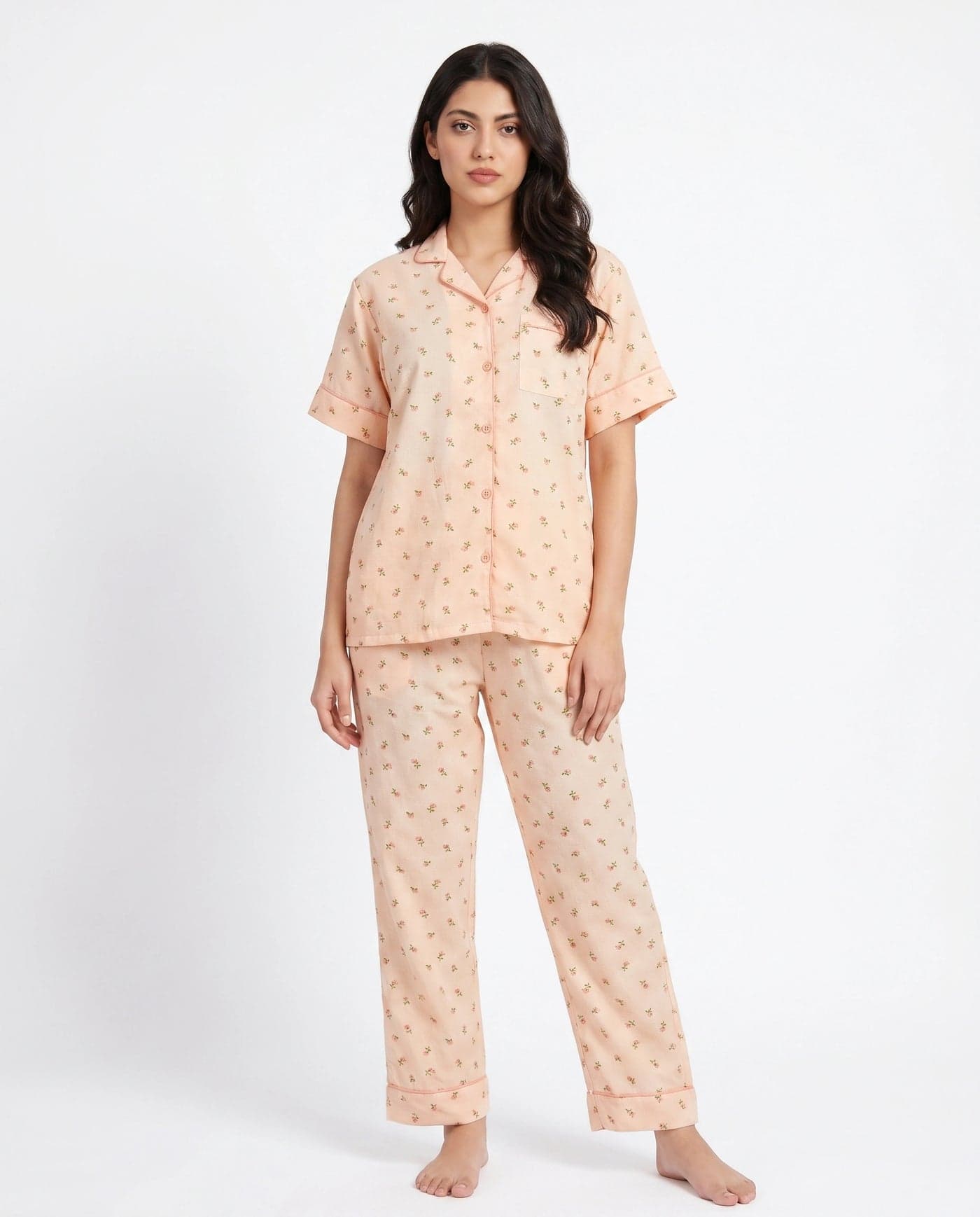 Peach Floral Crinkled Cotton PJ Set for Women