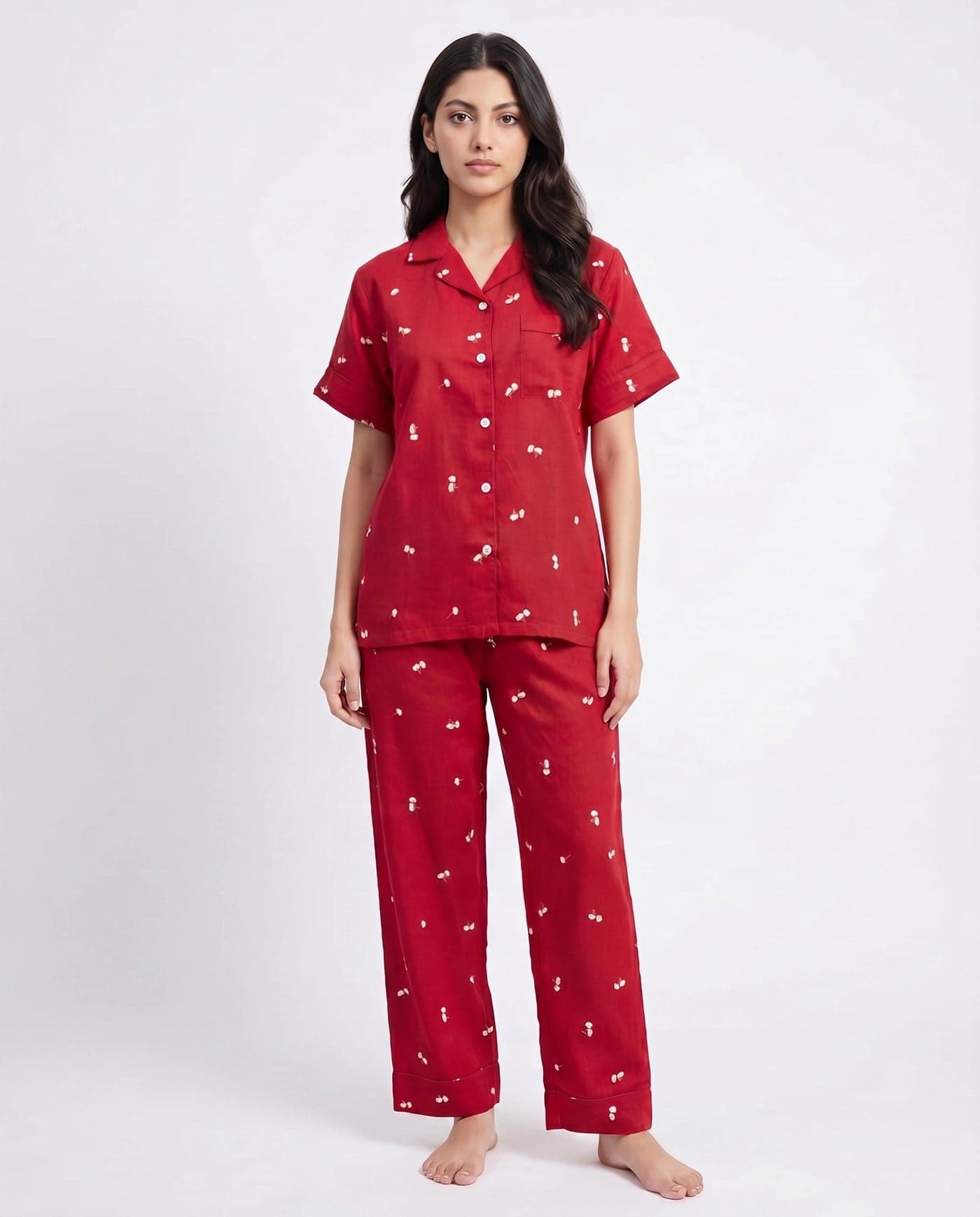 Red Floral Linen PJ Set for Women