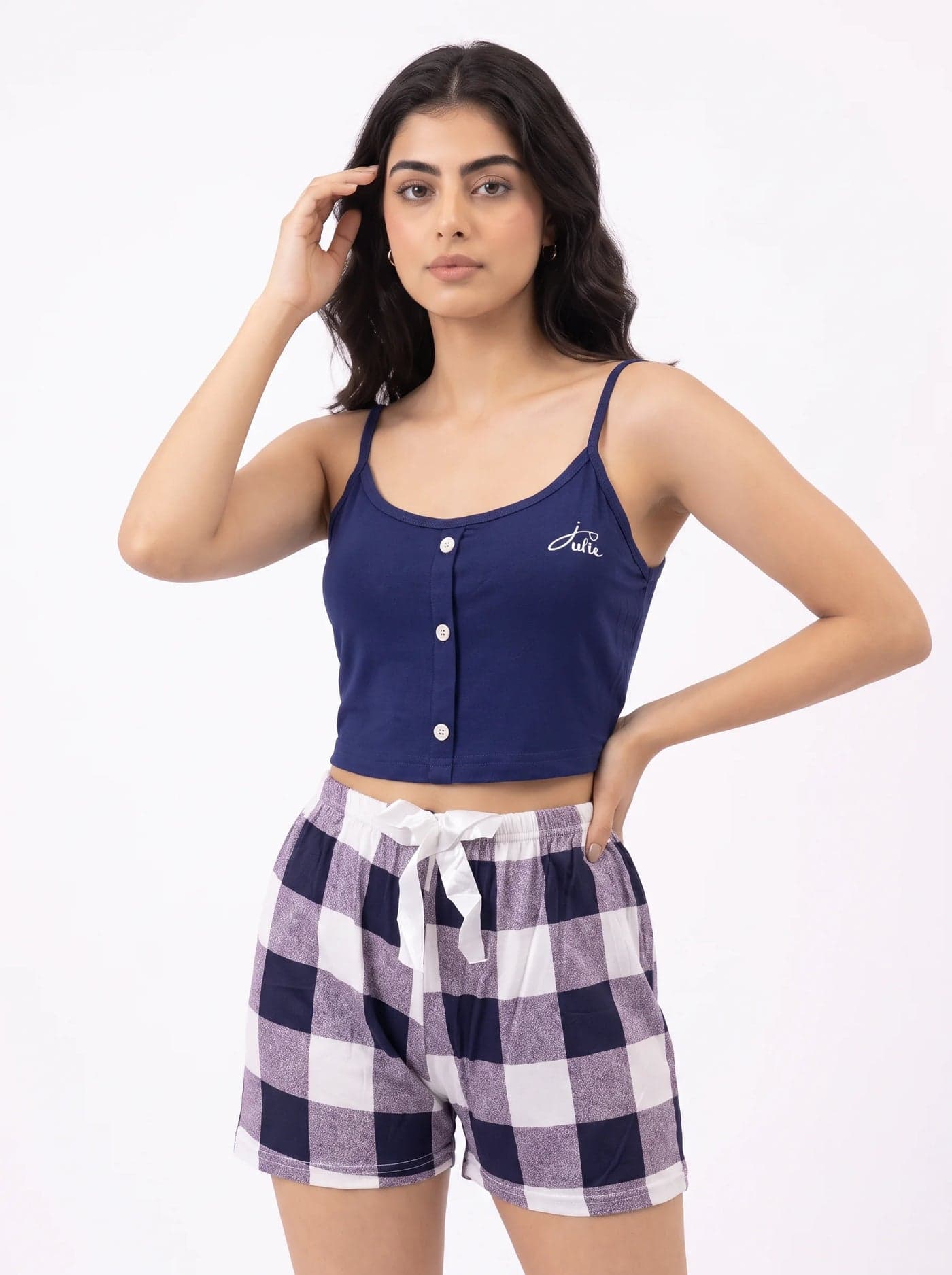 Navy Blue and Lilac Check Cotton Cami Set for Women