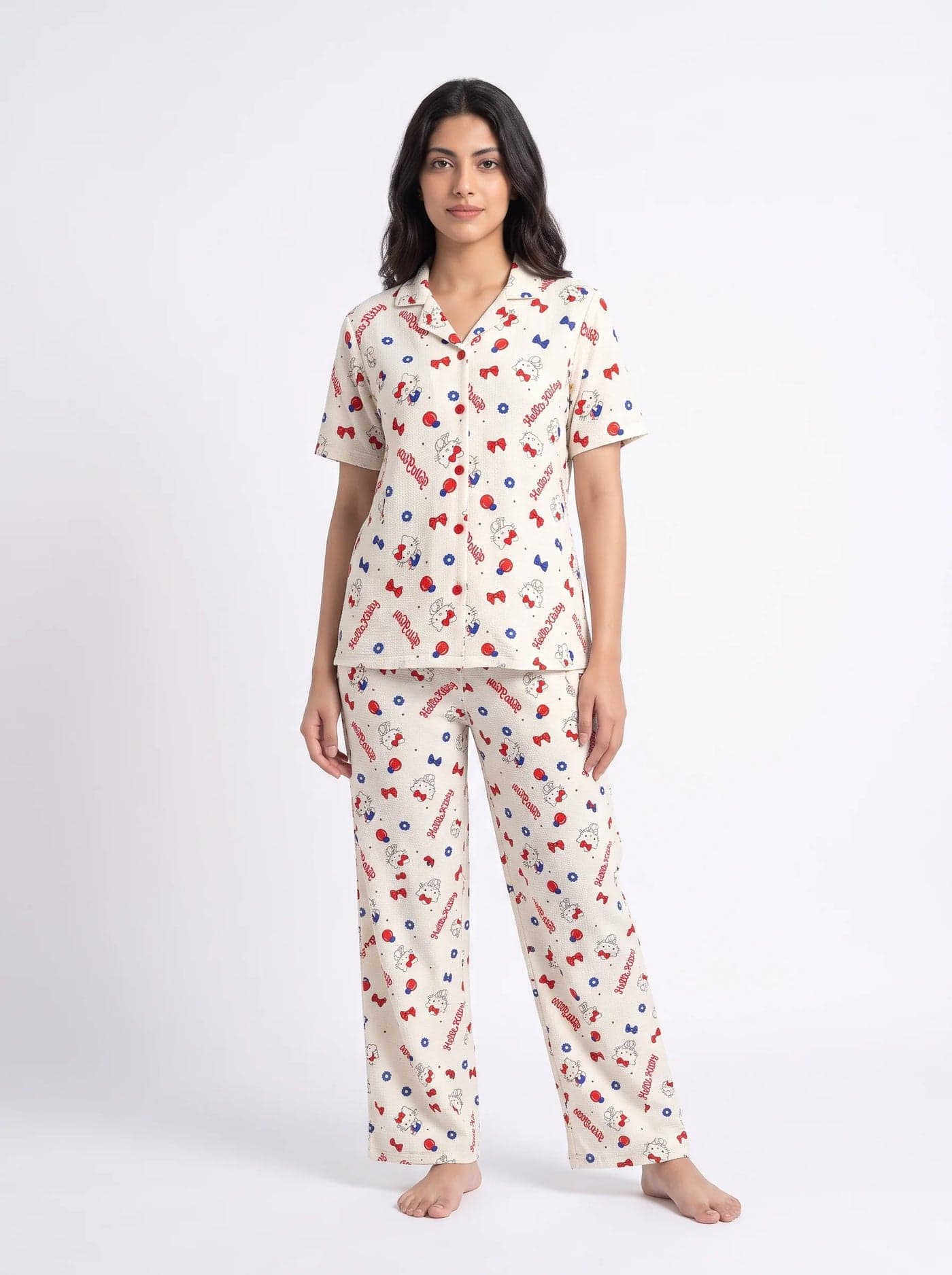 Cream Kitty Print Half Sleeve Crinkled Cotton PJ Set for Women