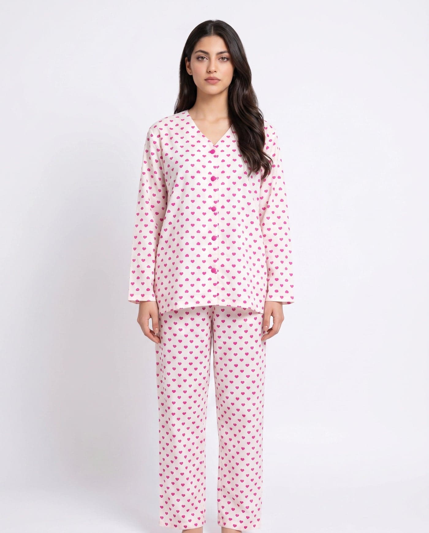 White Heart Print Crinkled Cotton PJ Set for Women