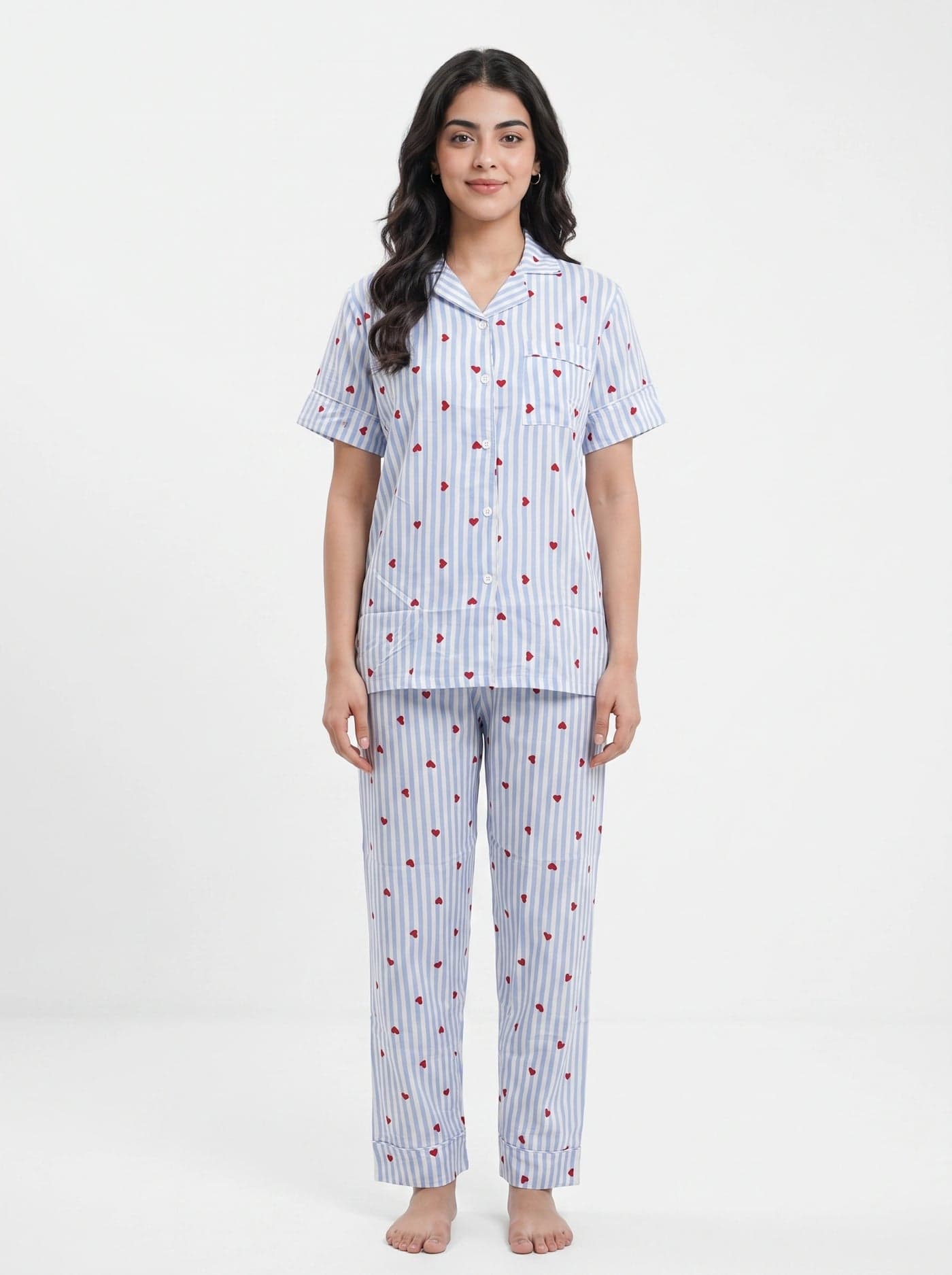 Sky Blue Heart Striped Linen PJ Set for Women