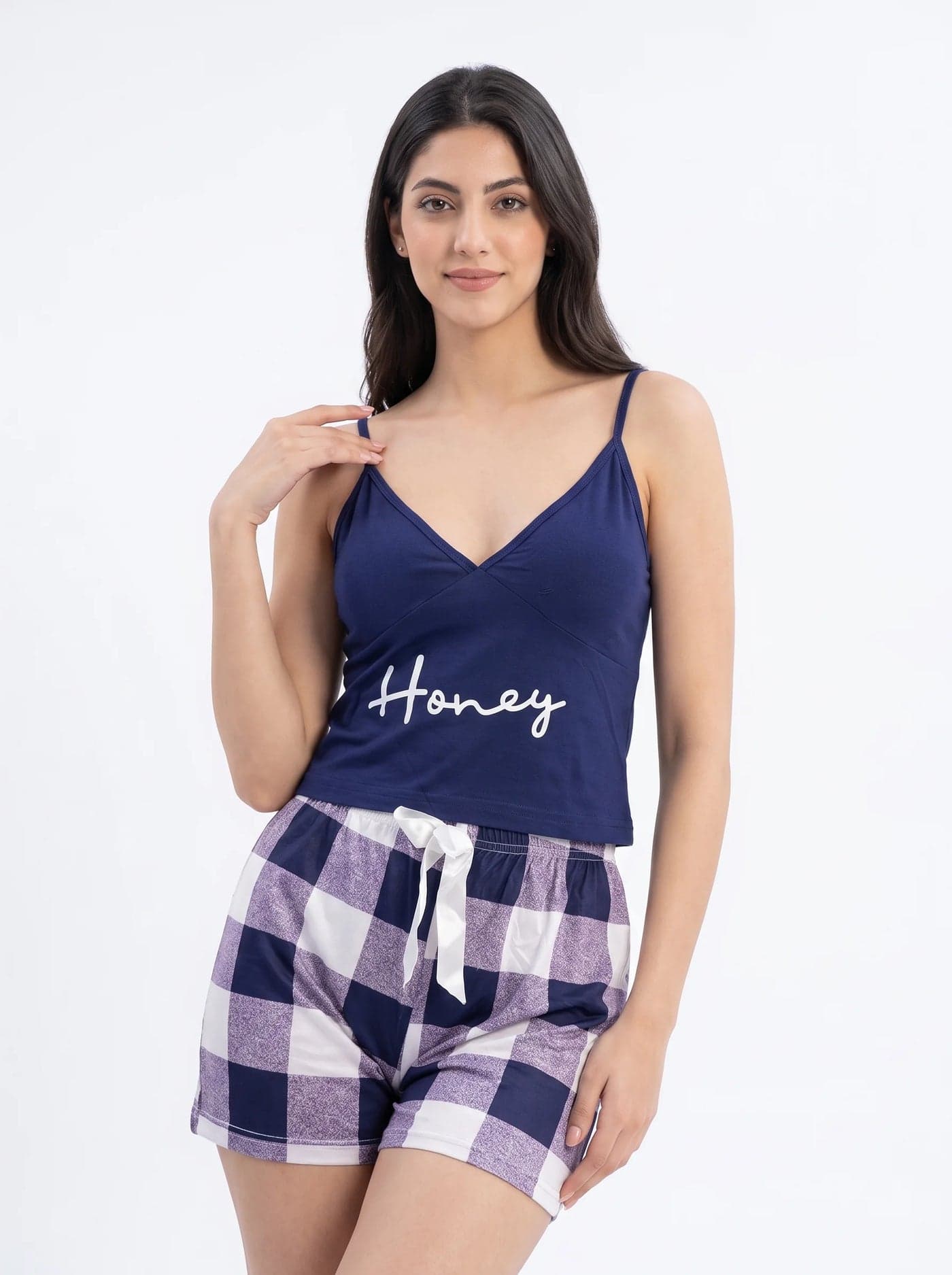 Navy Blue and White Check Cotton Cami Set for Women