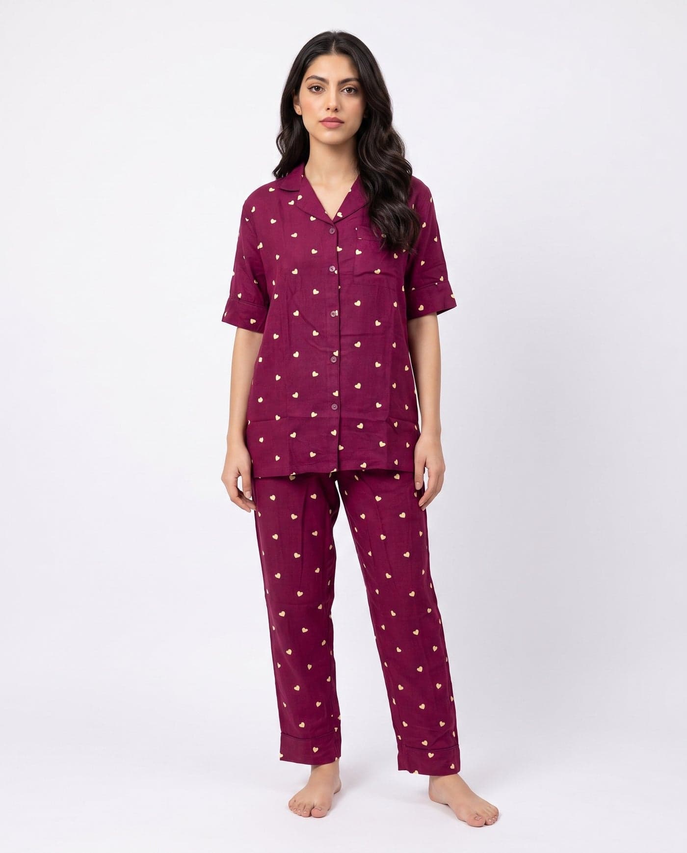 Plum Heart Print Linen PJ Set for Women