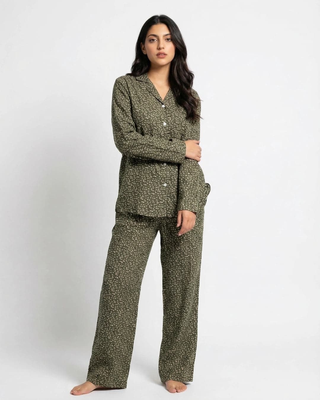 Olive Green Floral Linen PJ Set for Women