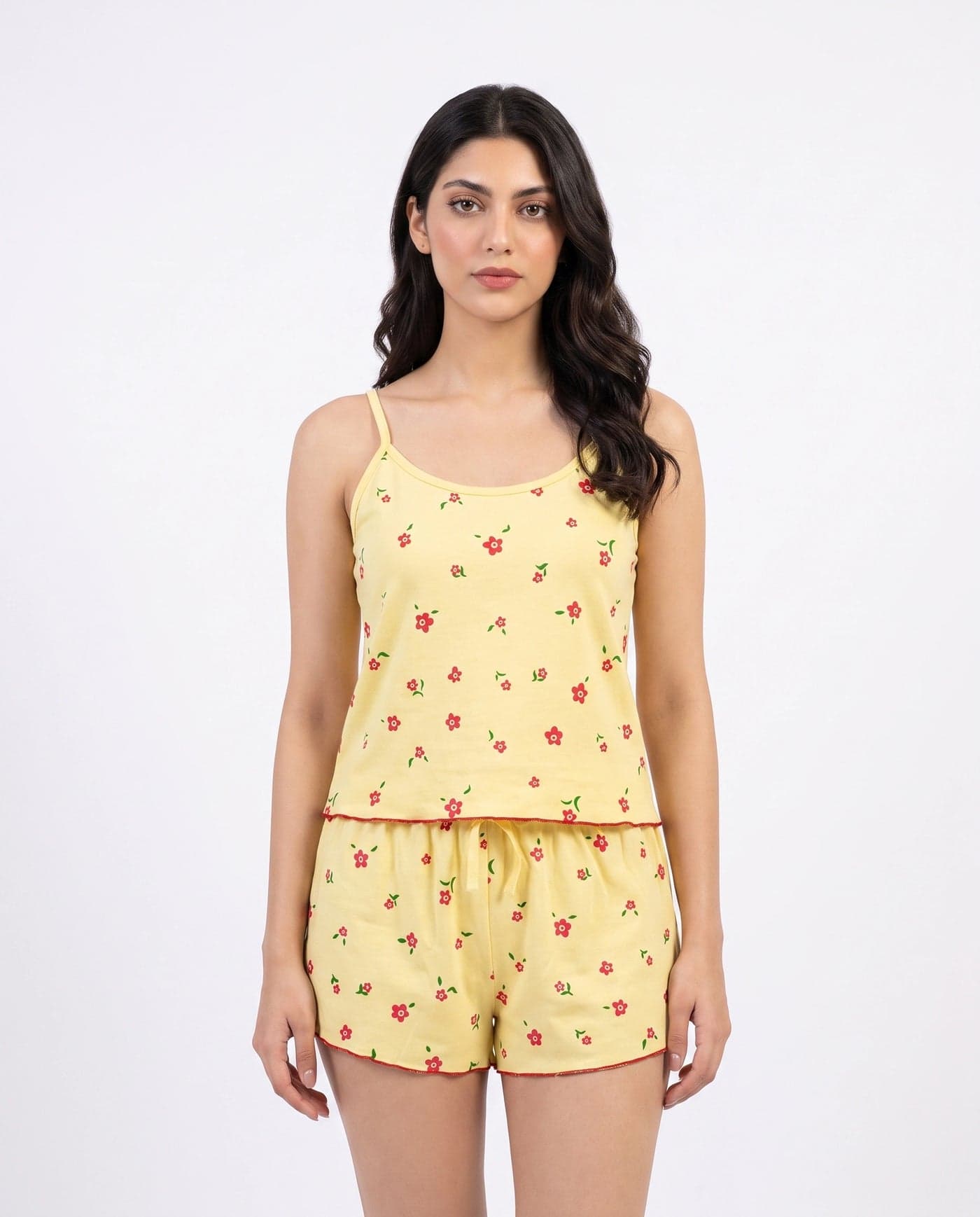 Yellow Floral Cotton Cami Set for Women