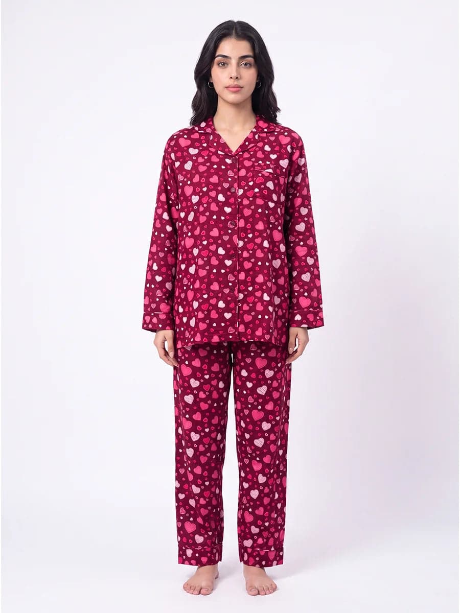 Red Heart Print Linen PJ Set for Women